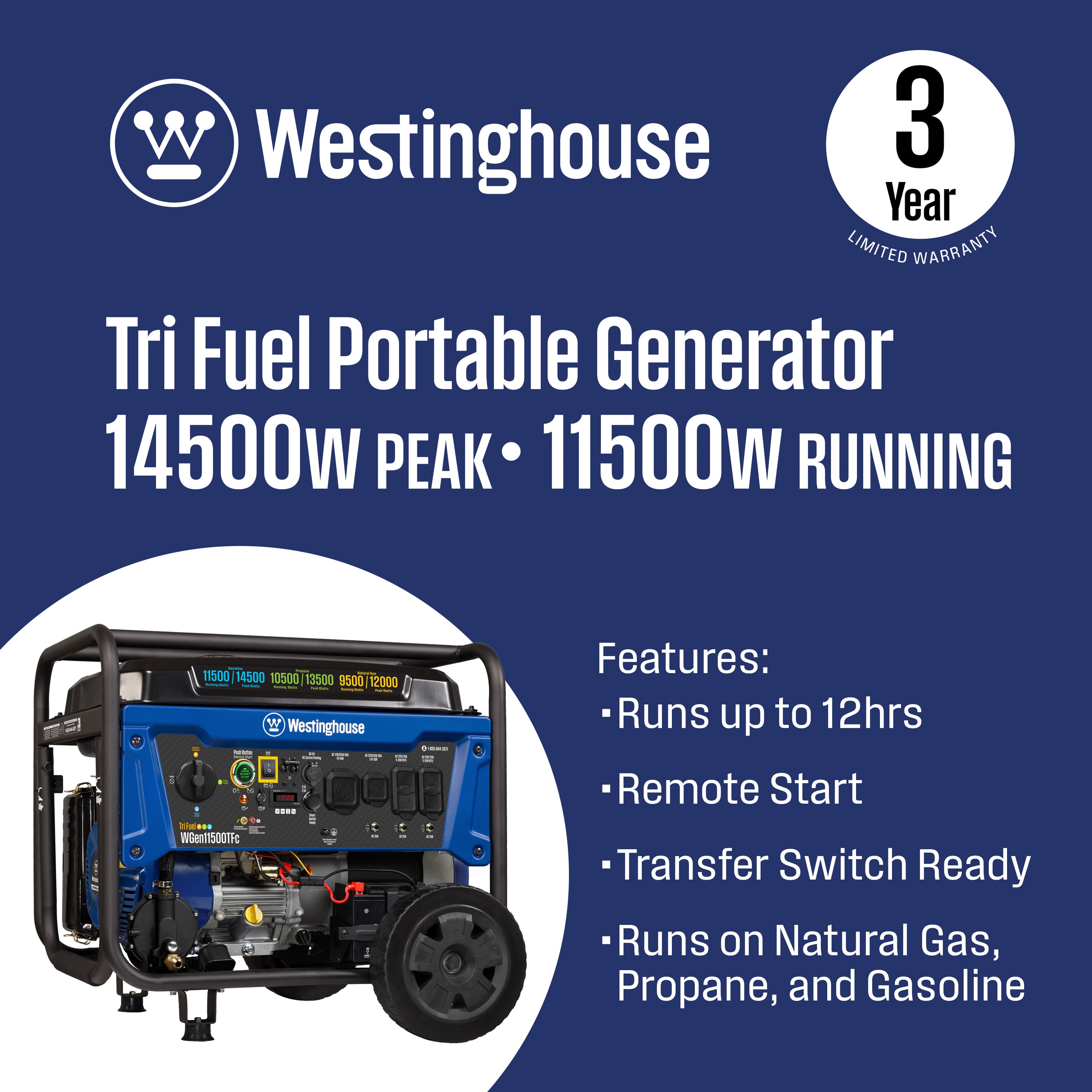 Westinghouse WGen11500TFc Tri-Fuel Portable Generator 11500W – view 2